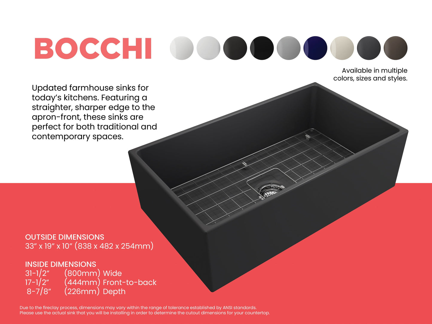 Feature sheet highlighting measurements and available colors for Matte Dark Gray Bocchi Contempo 33" Fireclay Farmhouse sink with center drain, bottom grid and strainer