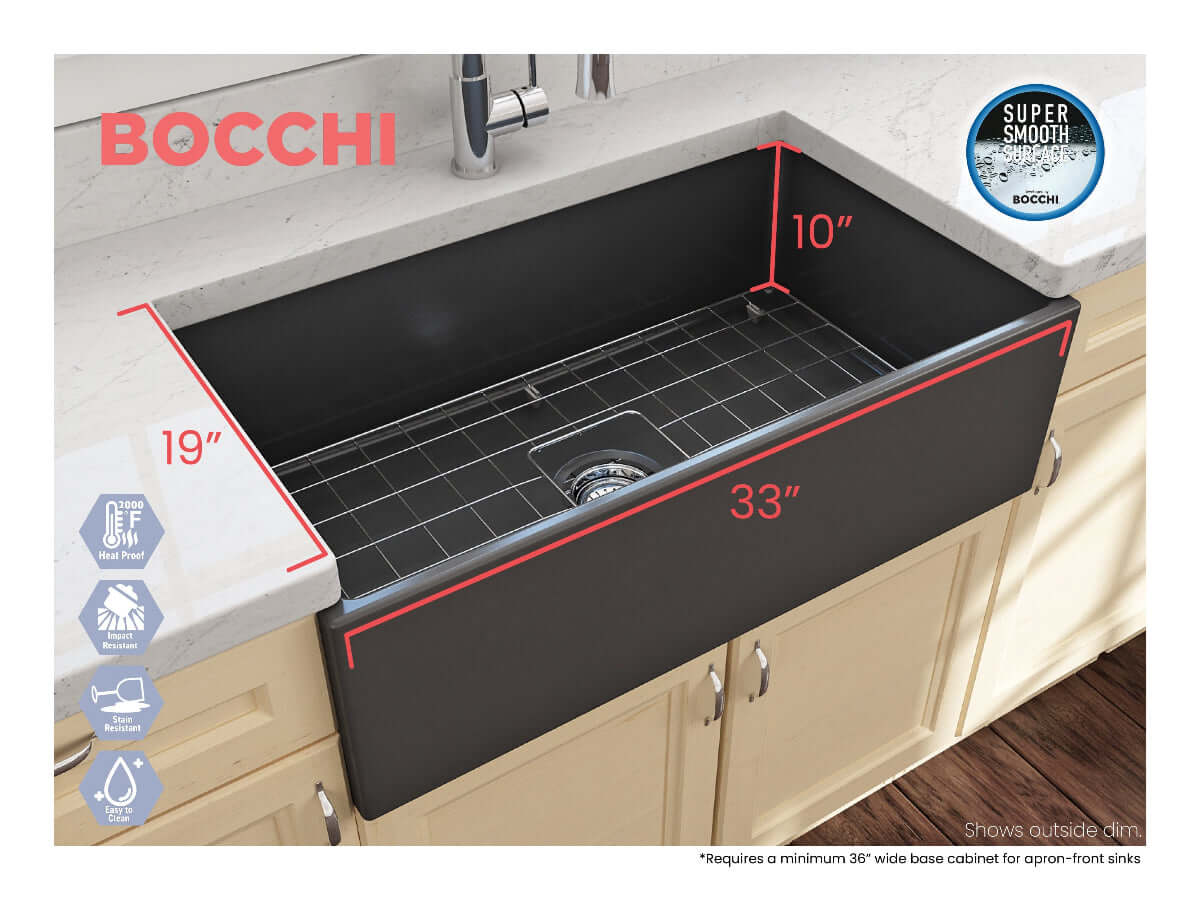 Outside measurements for Bocchi Contempo 33" Fireclay Farmhouse Sink in Matte Dark Gray with center drain and included bottom grid and strainer