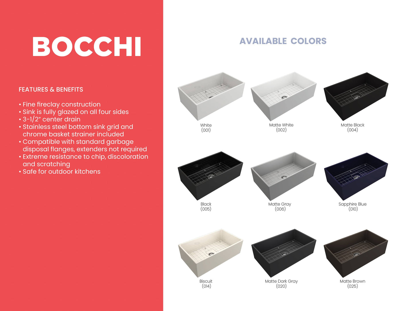 Features and benefits of Bocchi 33" Fireclay Farmhouse sink with center drain, bottom grid and strainer showing available colors