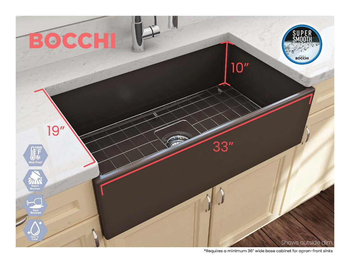 Outside measurements for Bocchi Contempo 33" Fireclay Farmhouse Sink in Matte Brown with center drain and included bottom grid and strainer