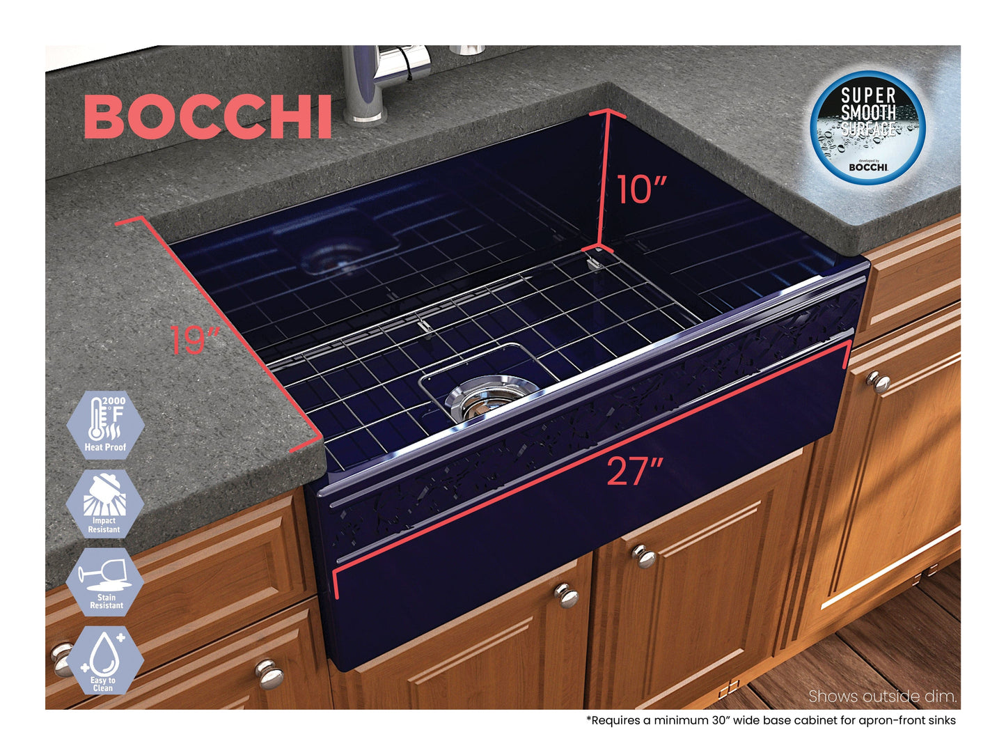 BOCCHI VIGNETO 27" Fireclay Farmhouse Single Bowl Kitchen Sink with Protective Bottom Grid and Strainer