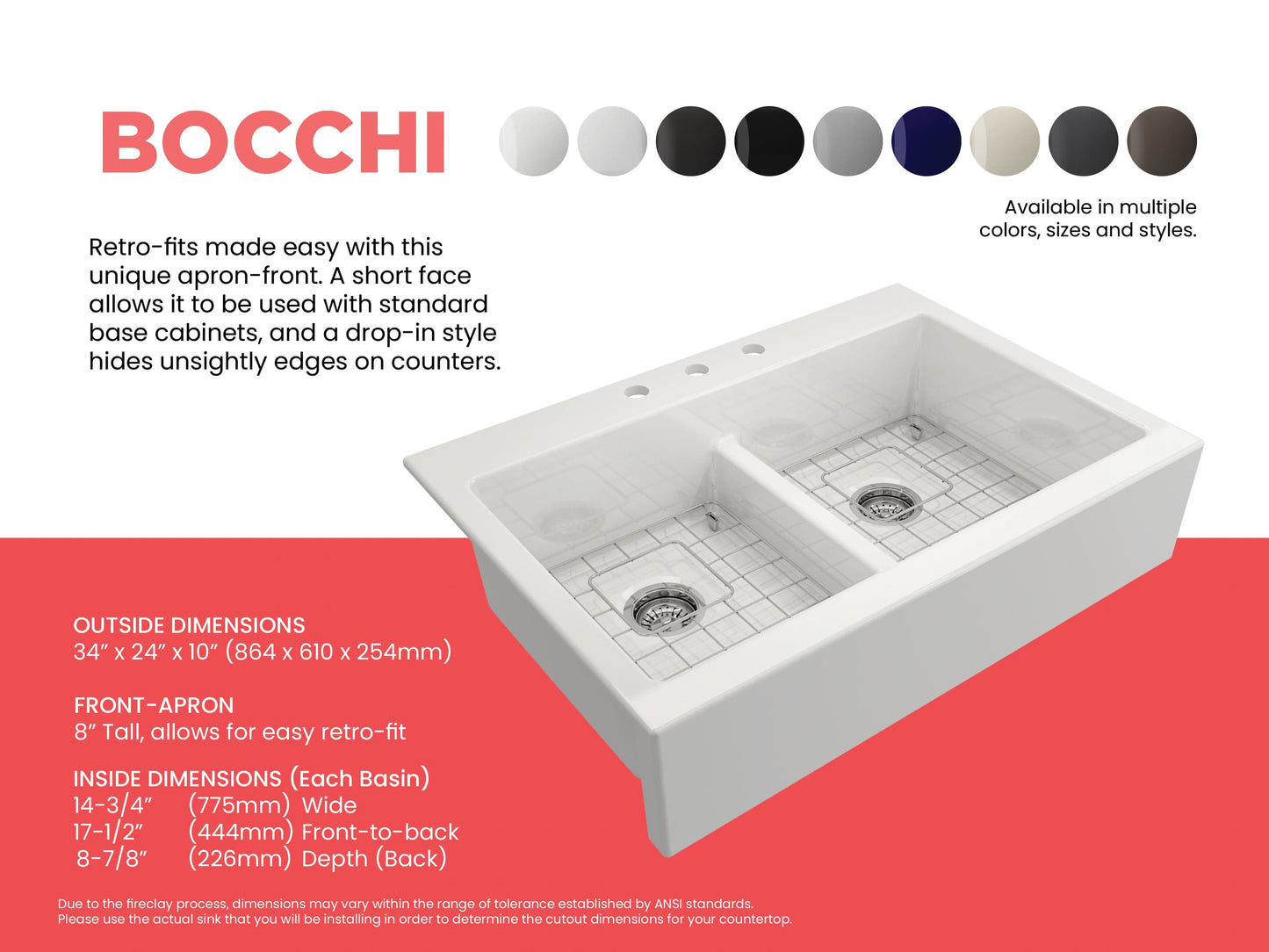 BOCCHI NUOVA Farmhouse Short Apron Front Fireclay 34" Double Bowl Kitchen Sink right side view with plumbing details.