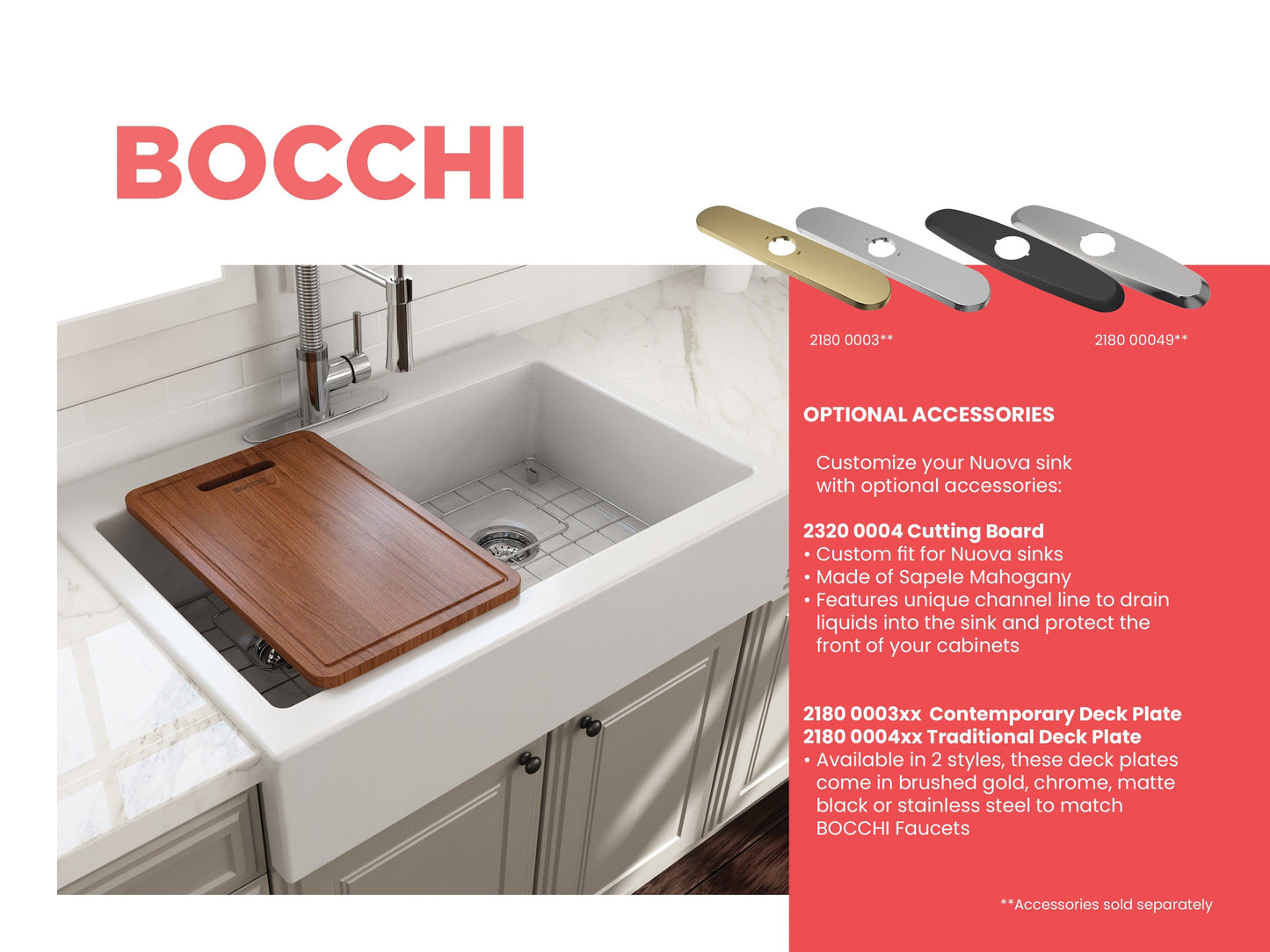 BOCCHI NUOVA Farmhouse Short Apron Front Fireclay 34" Double Bowl Kitchen Sink with Sapele Mahogany cutting board.