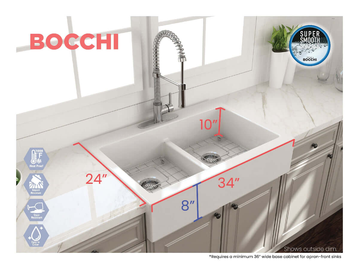 BOCCHI NUOVA Farmhouse Short Apron Front Fireclay 34" Double Bowl Kitchen Sink horizontal view with dimensions.
