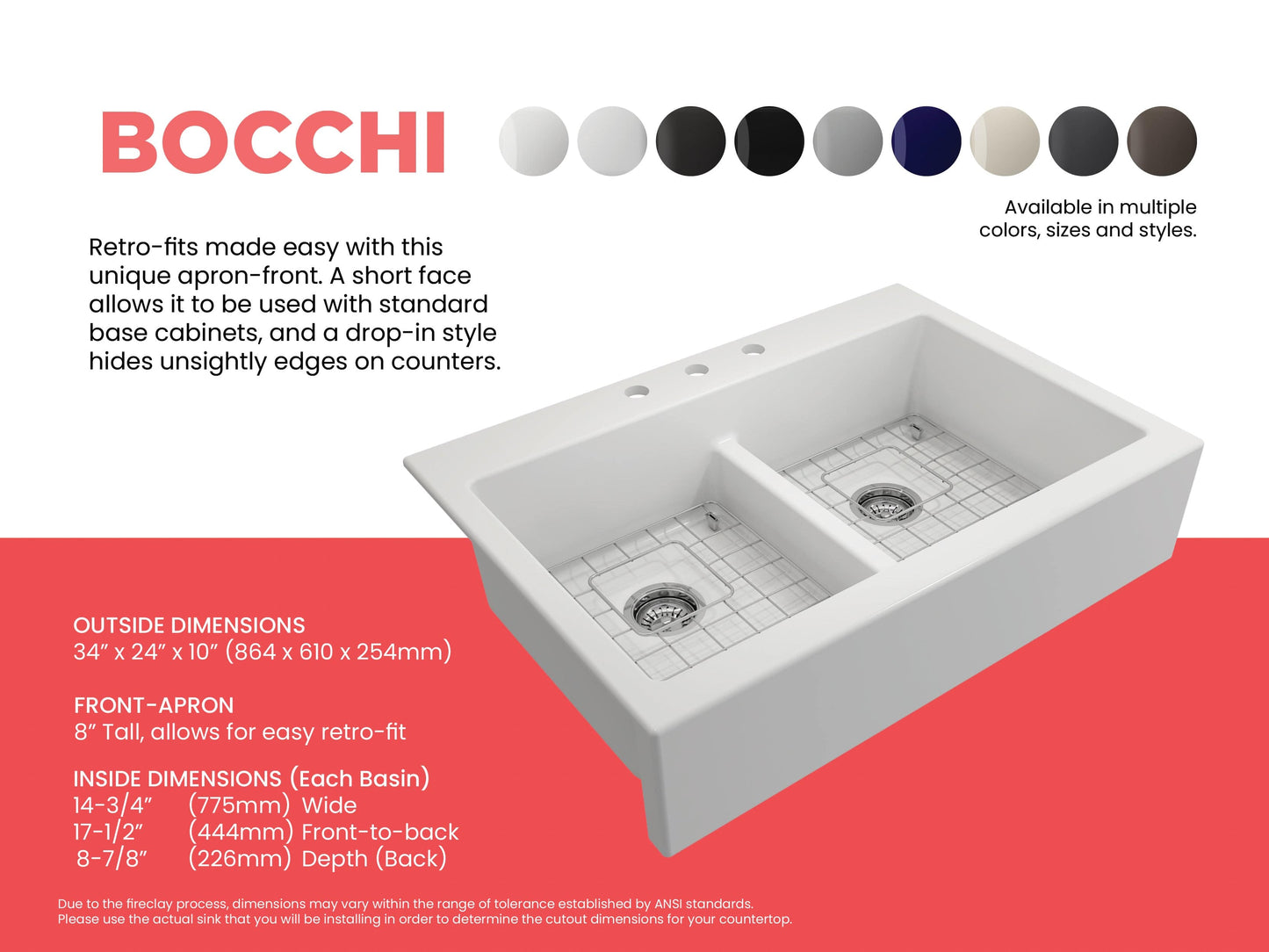 BOCCHI NUOVA Farmhouse Short Apron Front Fireclay 34" Double Bowl Kitchen Sink right side view with dimensions and design details.