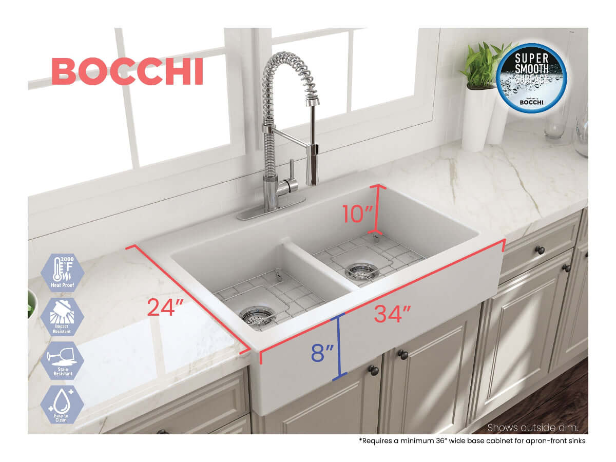 BOCCHI NUOVA Farmhouse Short Apron Front Fireclay 34" Double Bowl Kitchen Sink top view with dimensions displayed.