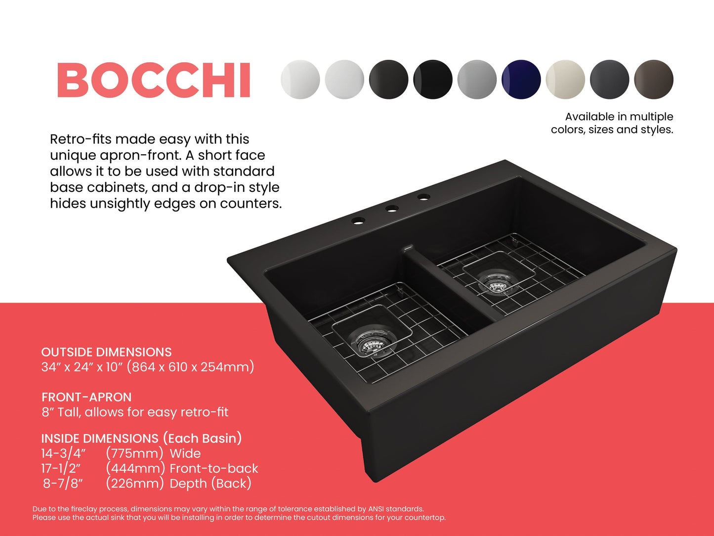 BOCCHI NUOVA Farmhouse Short Apron Front Fireclay 34" Double Bowl Kitchen Sink in sleek black finish with modern drop-in design.