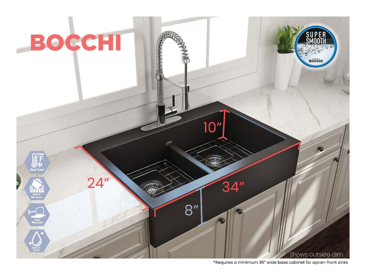 BOCCHI NUOVA Farmhouse Short Apron Front Fireclay 34" Double Bowl Kitchen Sink displayed from above with measurements.