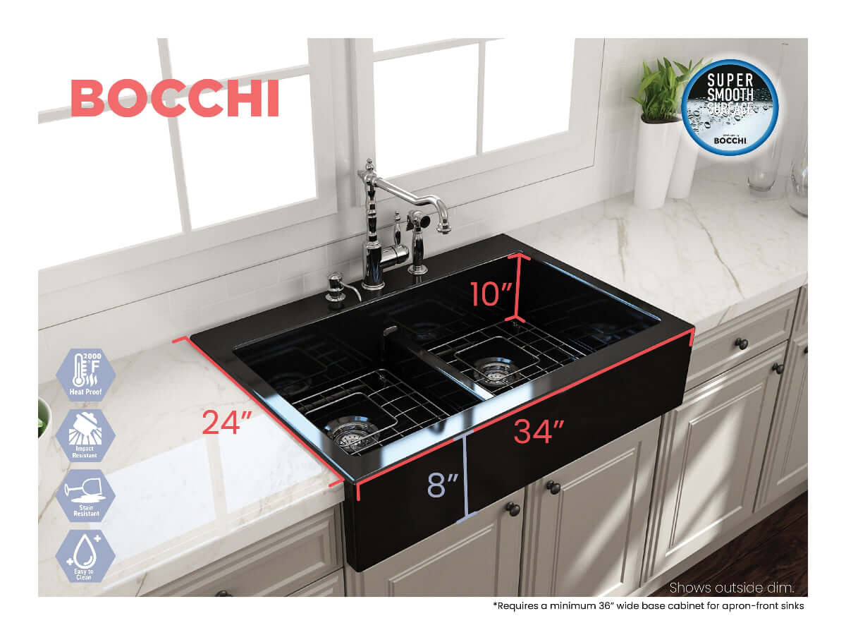 BOCCHI NUOVA Farmhouse Short Apron Front Fireclay 34" Double Bowl Kitchen Sink, black finish, top view with dimensions.