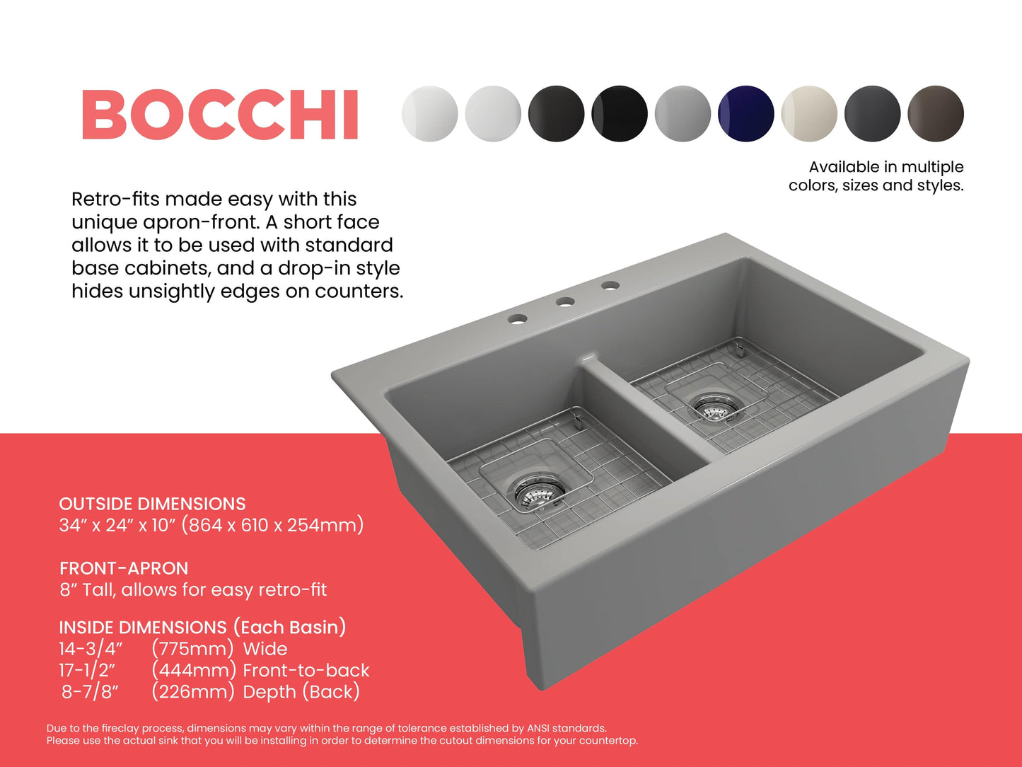 BOCCHI NUOVA Farmhouse Short Apron Front Fireclay 34" Double Bowl Kitchen Sink in gray right side view with drop-in design.