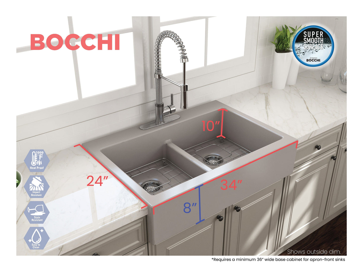 BOCCHI NUOVA Farmhouse Short Apron Front Fireclay 34" Double Bowl Kitchen Sink right side view showing dimensions and features.