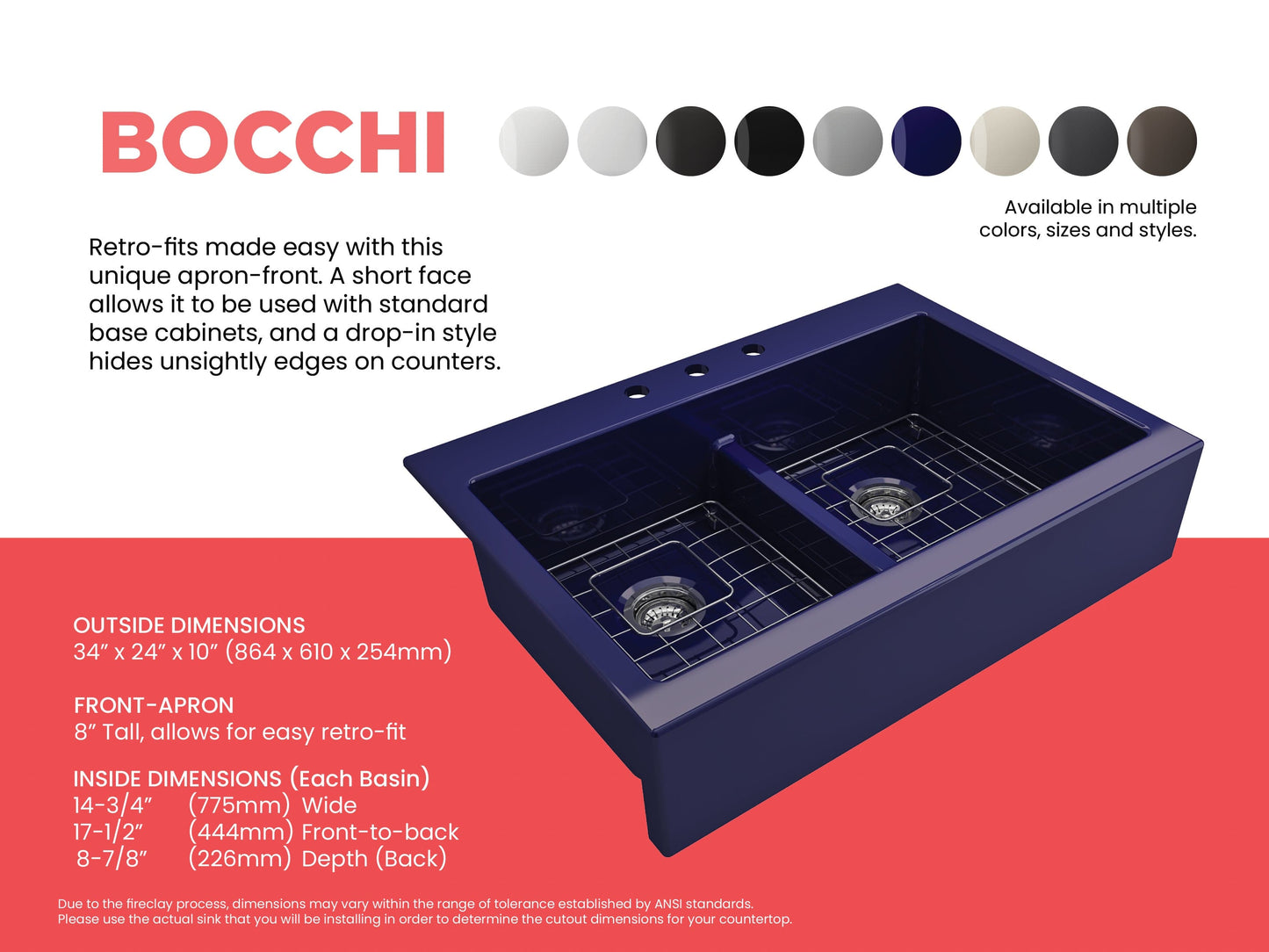 BOCCHI NUOVA Farmhouse Short Apron Front Fireclay 34" Double Bowl Kitchen Sink in deep blue, angled view showcasing double basin.