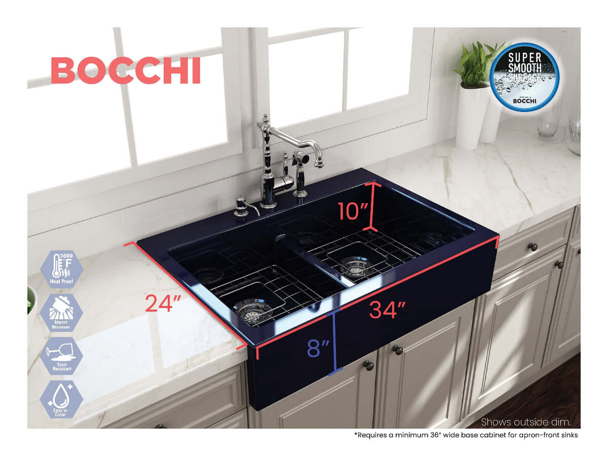 BOCCHI NUOVA Farmhouse Short Apron Front Fireclay 34" Double Bowl Kitchen Sink in dark blue with measurements displayed.