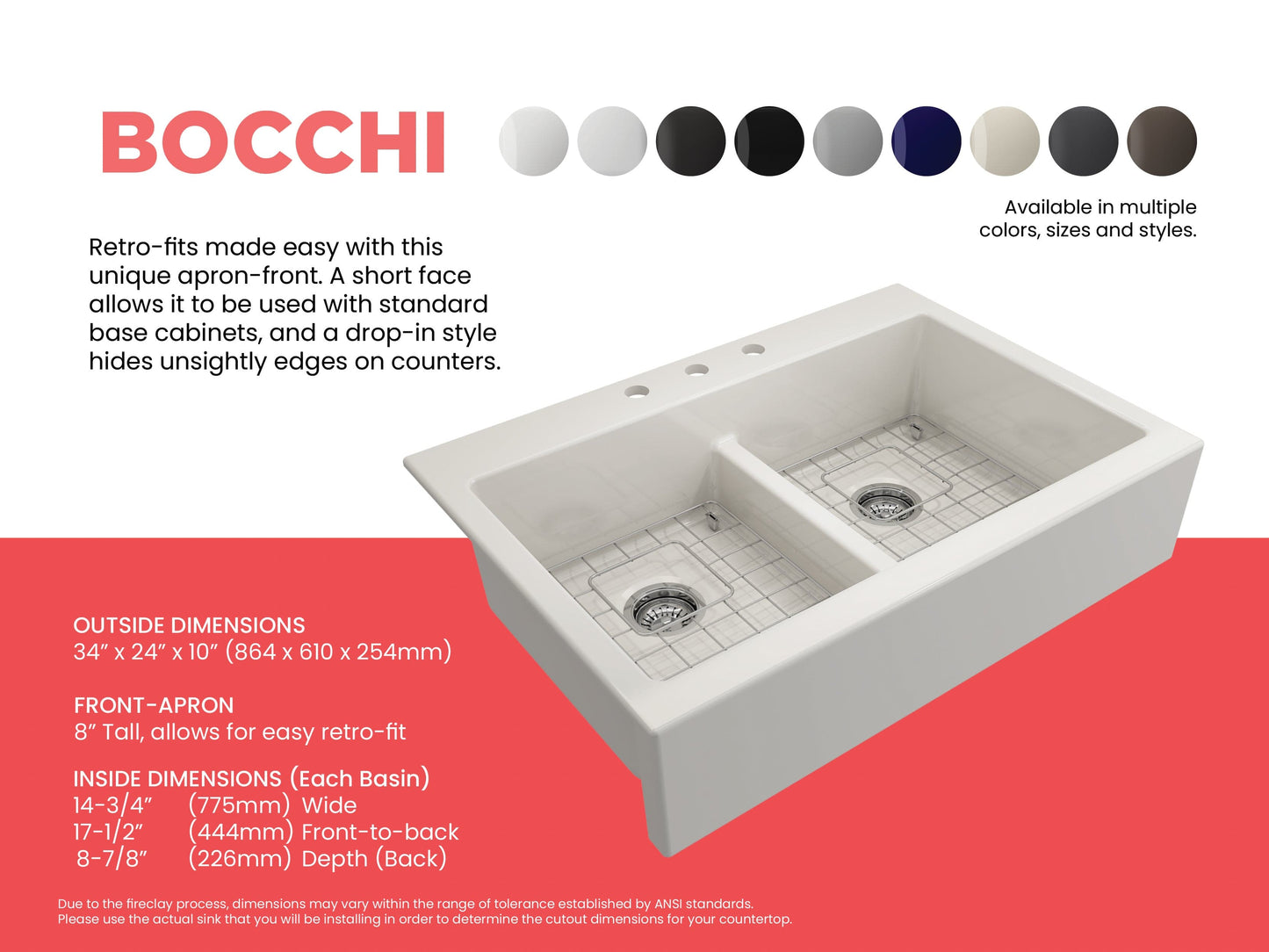 BOCCHI NUOVA Farmhouse Short Apron Front Fireclay 34" Double Bowl Kitchen Sink right side view with visible dimensions and features.