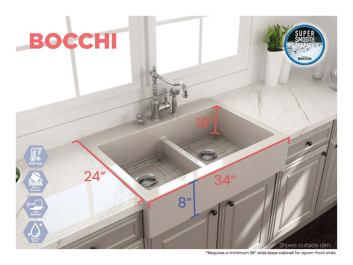 BOCCHI NUOVA Farmhouse Short Apron Front Fireclay 34" Double Bowl Kitchen Sink right side view on marble countertop