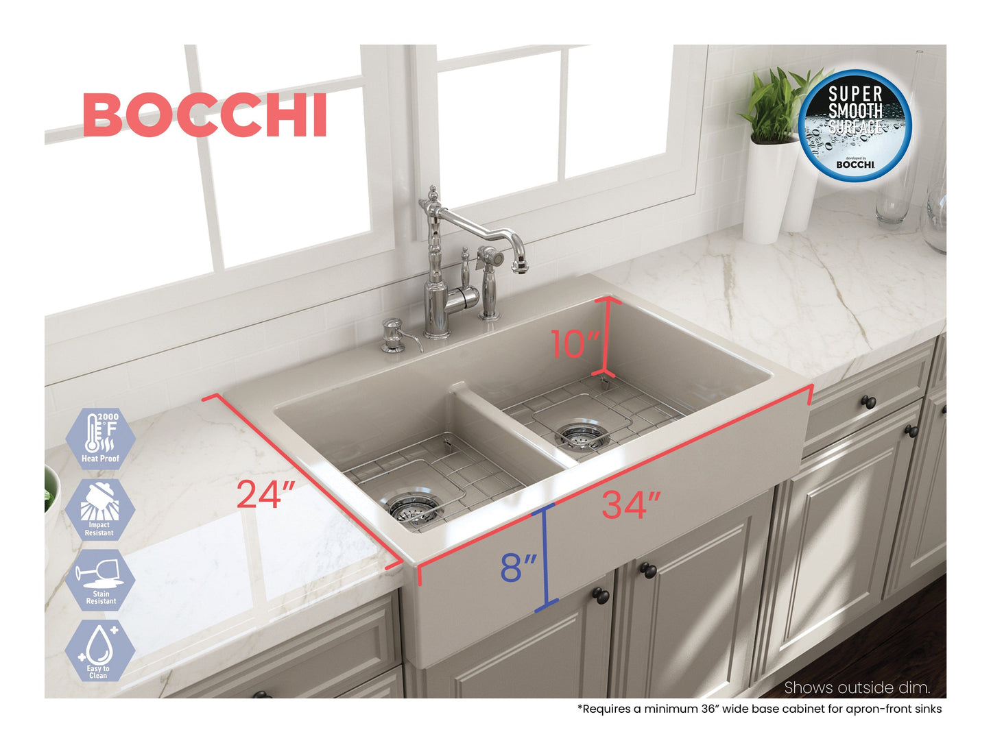 BOCCHI NUOVA Farmhouse Short Apron Front Fireclay 34" Double Bowl Kitchen Sink