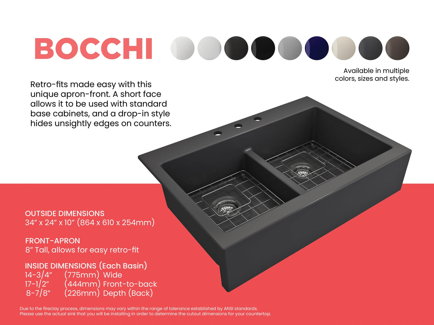 BOCCHI NUOVA Farmhouse Short Apron Front Fireclay 34" Double Bowl Kitchen Sink in black finish, top view with modern design.