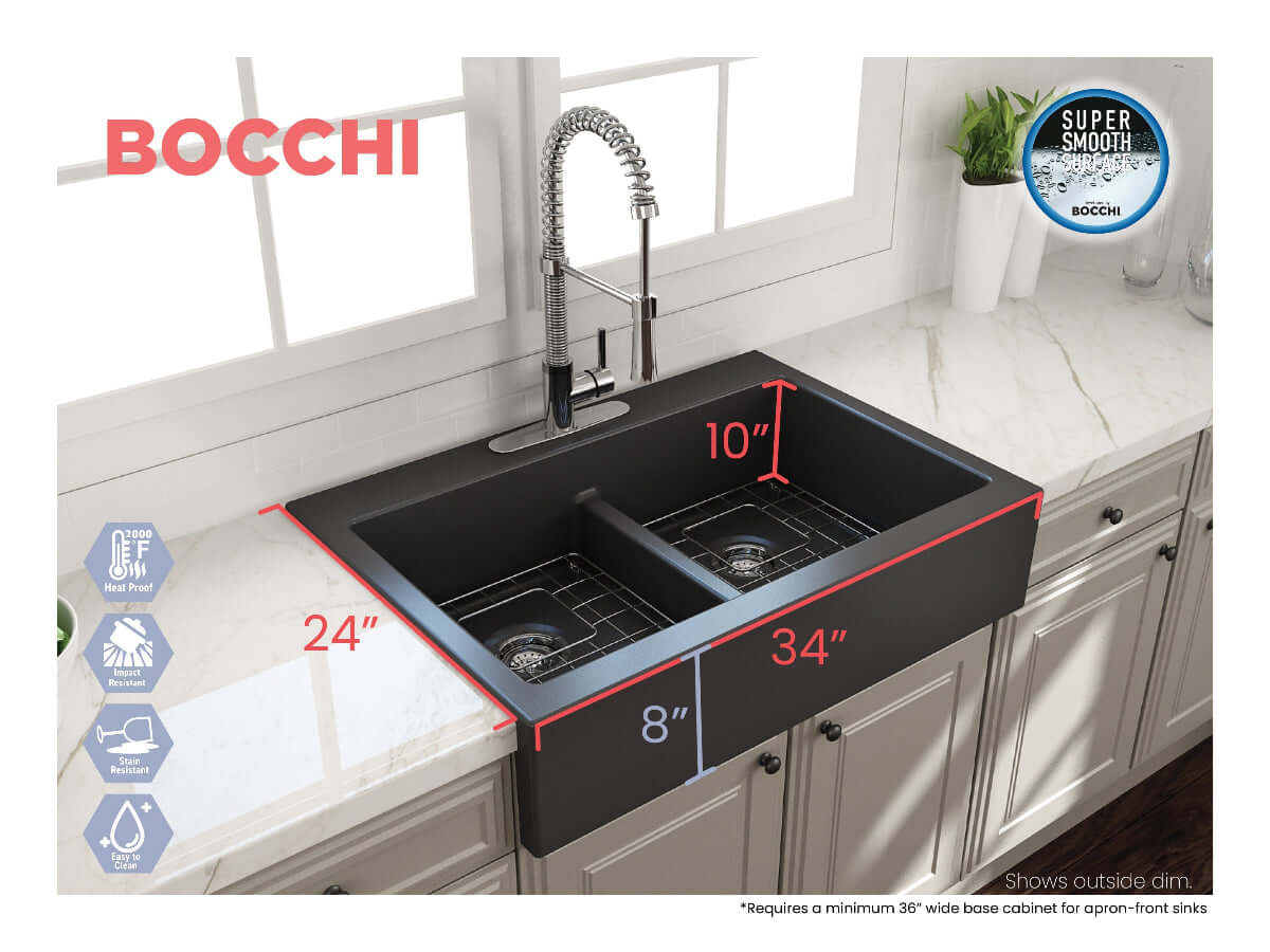 BOCCHI NUOVA Farmhouse Short Apron Front Fireclay 34" Double Bowl Kitchen Sink in black, top view with dimensions displayed.