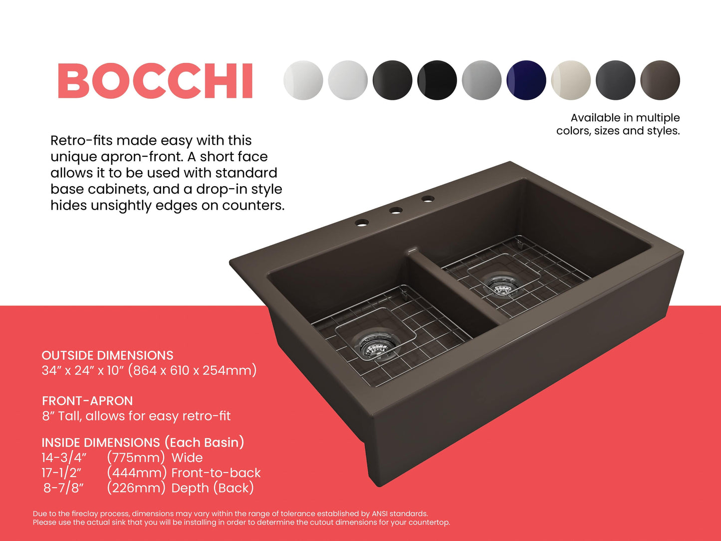 BOCCHI NUOVA Farmhouse Short Apron Front Fireclay 34" Double Bowl Kitchen Sink in dark brown right side view