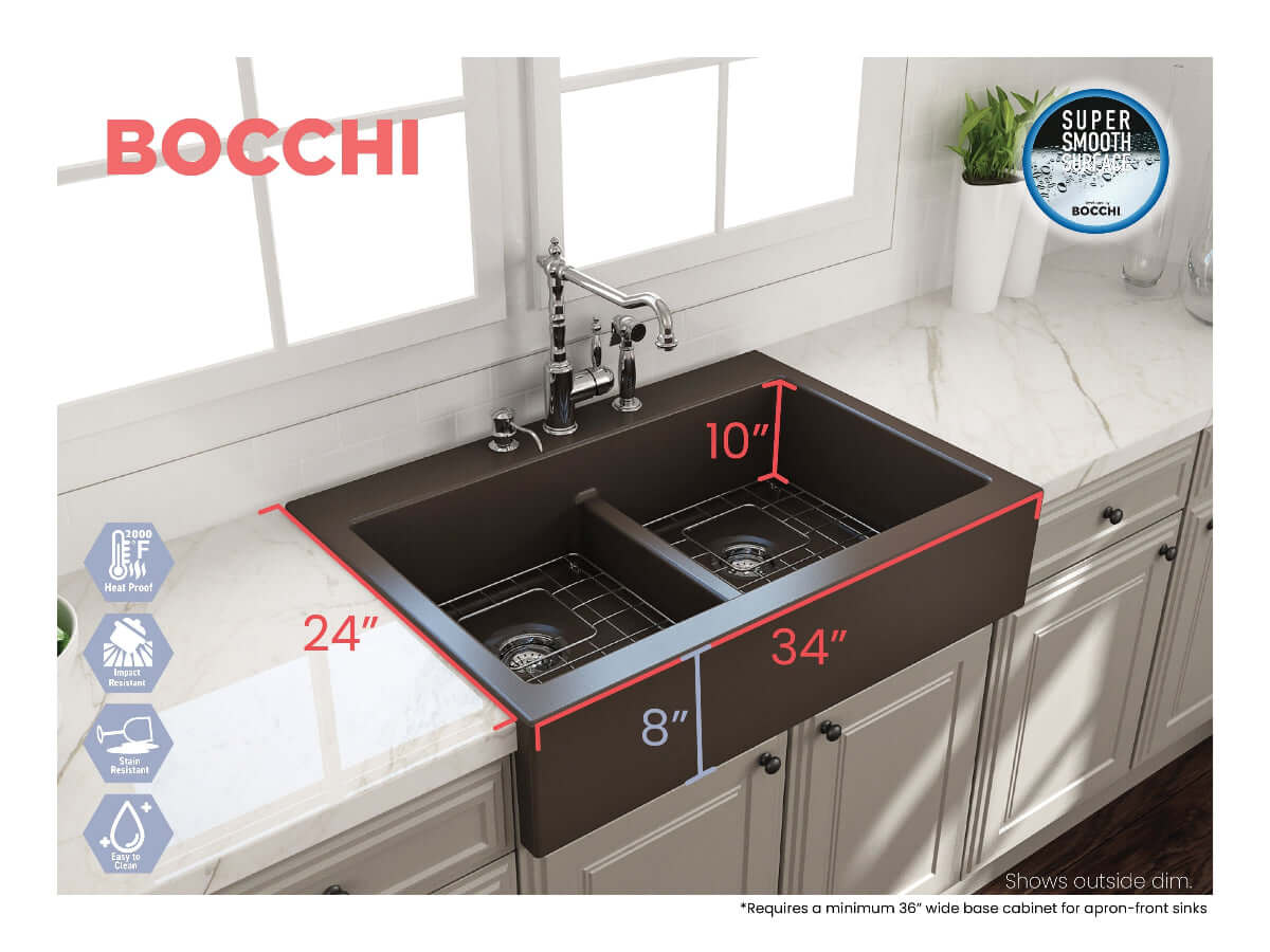 BOCCHI NUOVA Farmhouse Short Apron Front Fireclay 34" Double Bowl Kitchen Sink right side view with faucet and dimensions