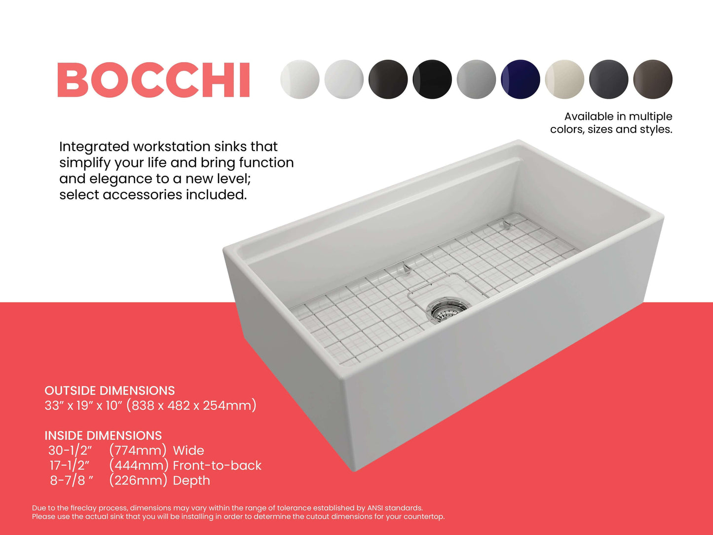 Feature sheet for BOCCHI Contempo 33 inch sink in matte white detailing inside and outside dimensions and available colors.