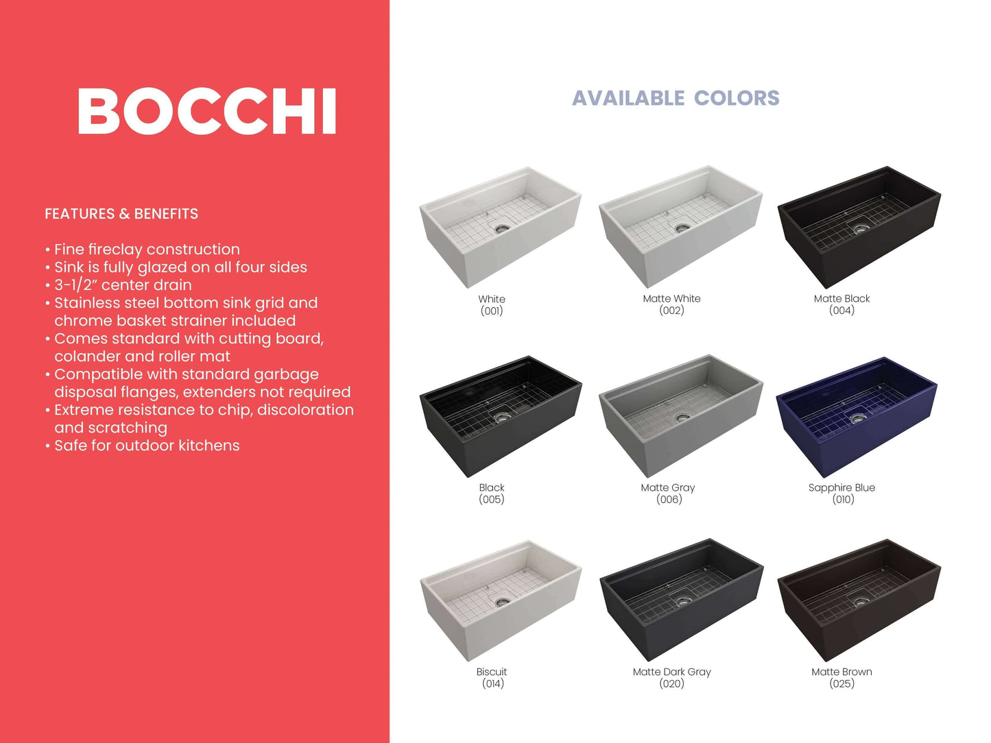 Color comparison and feature sheet for BOCCHI CONTEMPO 33" Fireclay Farmhouse sink with workstation ledge and accessories showing 9 variants.