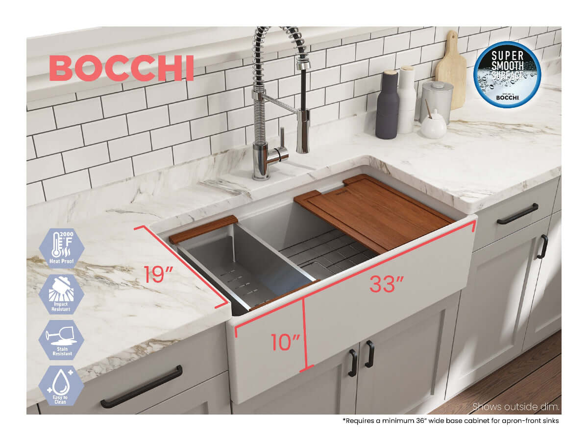 Lifestyle image with outer dimensions of matte white BOCCHI CONTEMPO 33" Fireclay Farmhouse sink with workstation ledge.