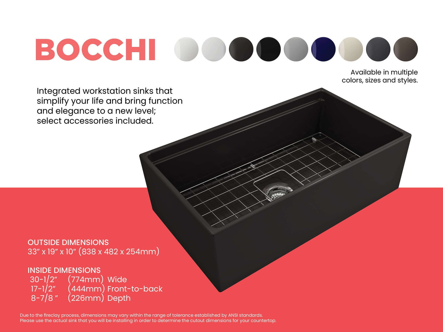 Feature sheet for BOCCHI Contempo 33 inch sink in matte black detailing inside and outside dimensions and available colors.