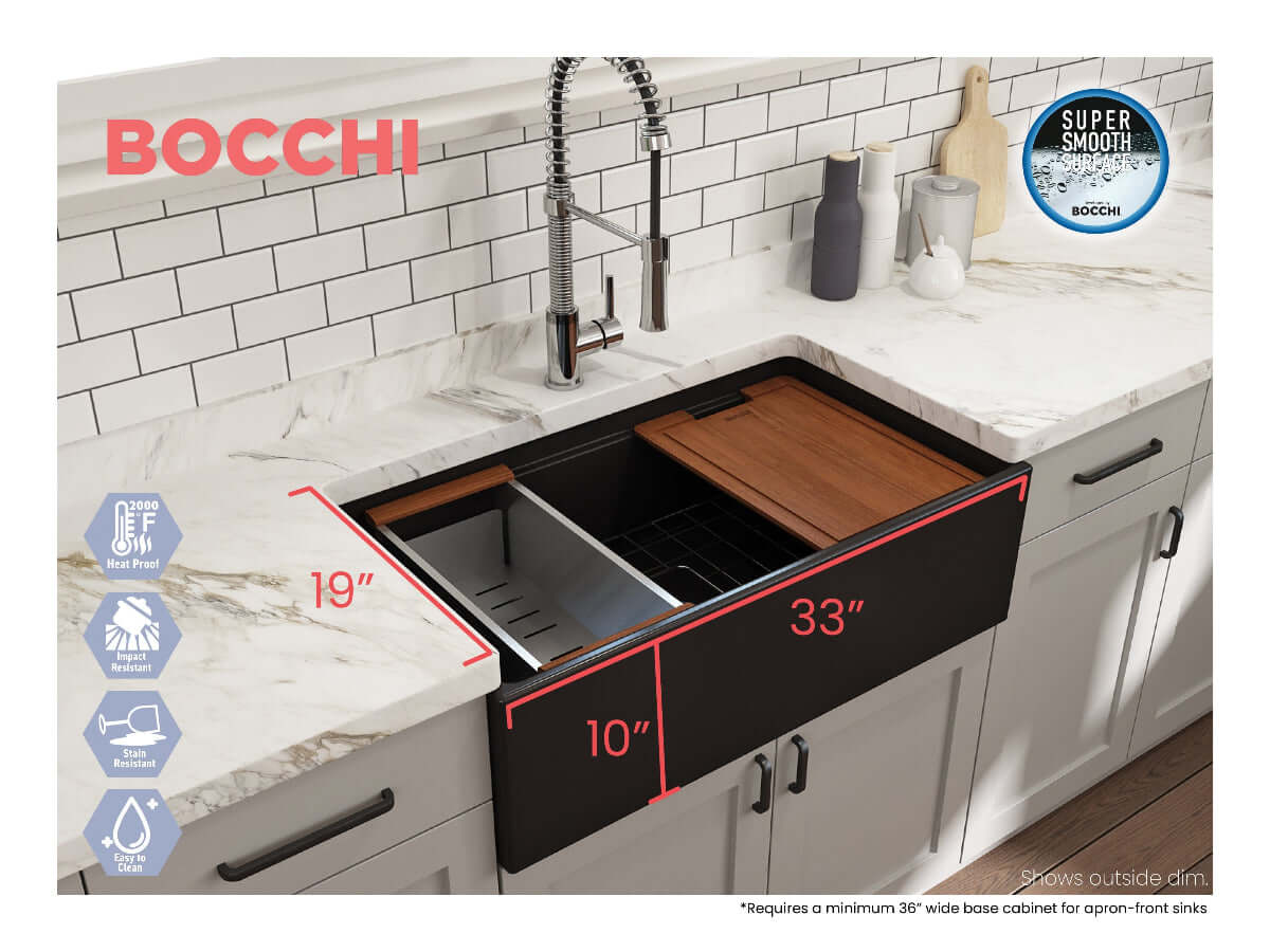 Lifestyle image with outer dimensions of matte black BOCCHI CONTEMPO 33" Fireclay Farmhouse sink with workstation ledge.