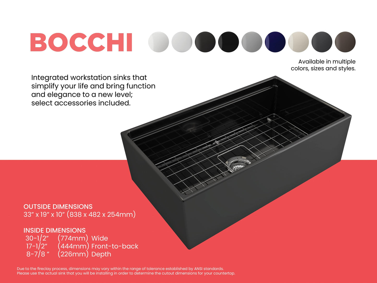 Feature sheet for BOCCHI Contempo 33 inch sink in black detailing inside and outside dimensions and available colors.