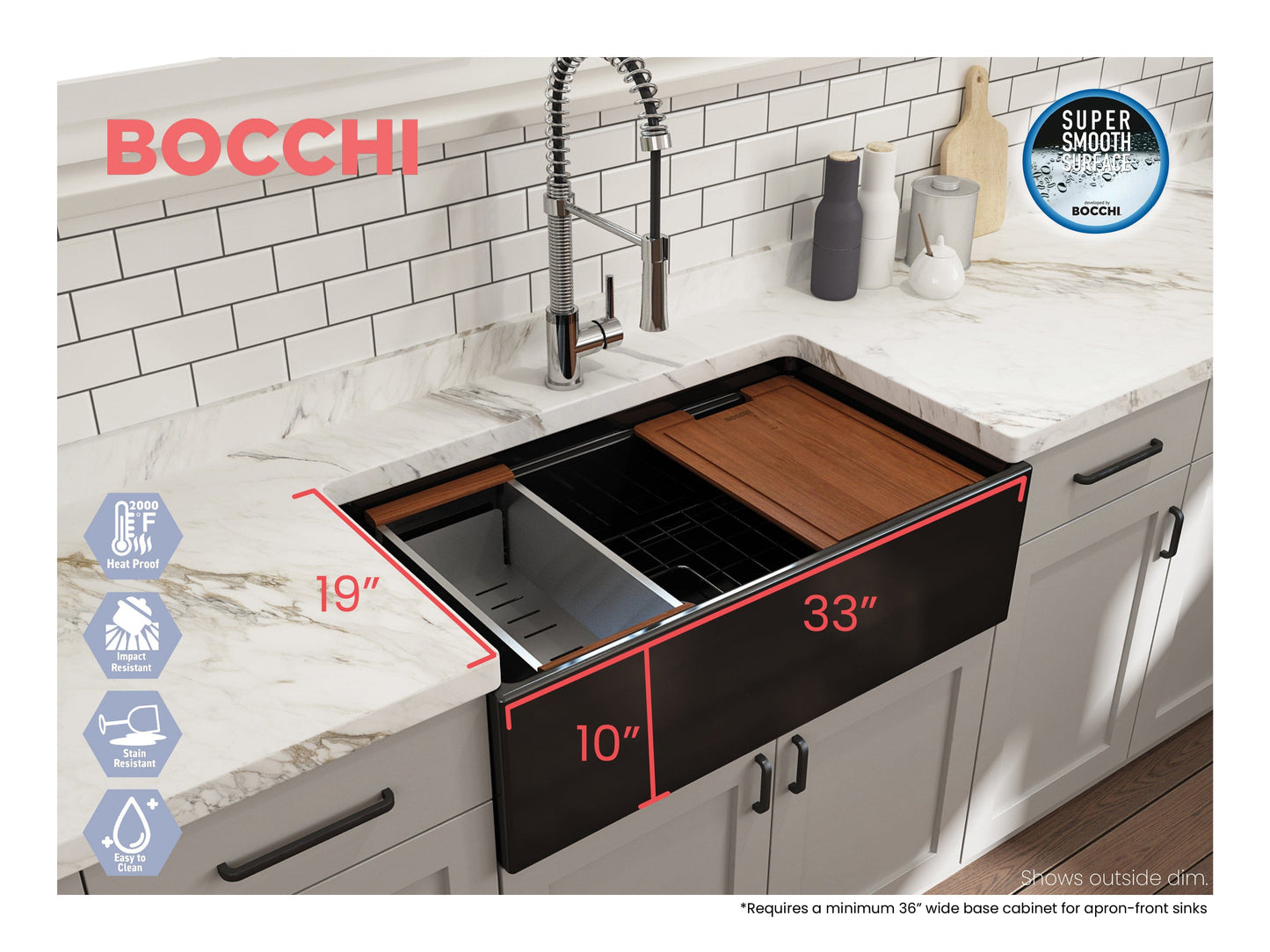 BOCCHI CONTEMPO 33" Step Rim With Integrated Work Station Fireclay Farmhouse Single Bowl Kitchen Sink with Accessories - Black