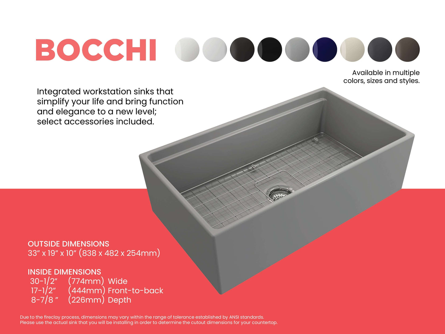 Feature sheet for BOCCHI Contempo 33 inch sink in matte gray detailing inside and outside dimensions and available colors.