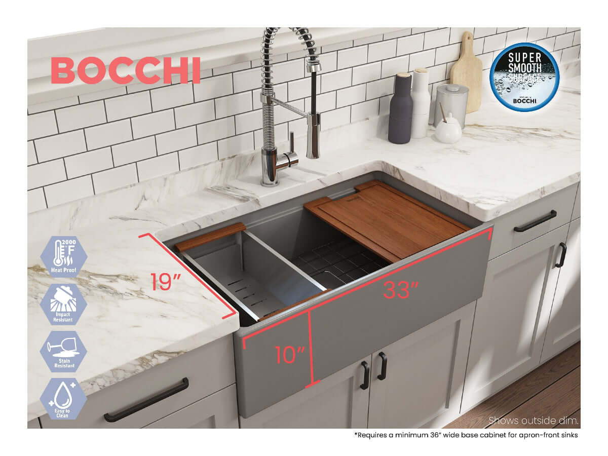 Lifestyle image with outer dimensions of matte gray BOCCHI CONTEMPO 33" Fireclay Farmhouse sink with workstation ledge.