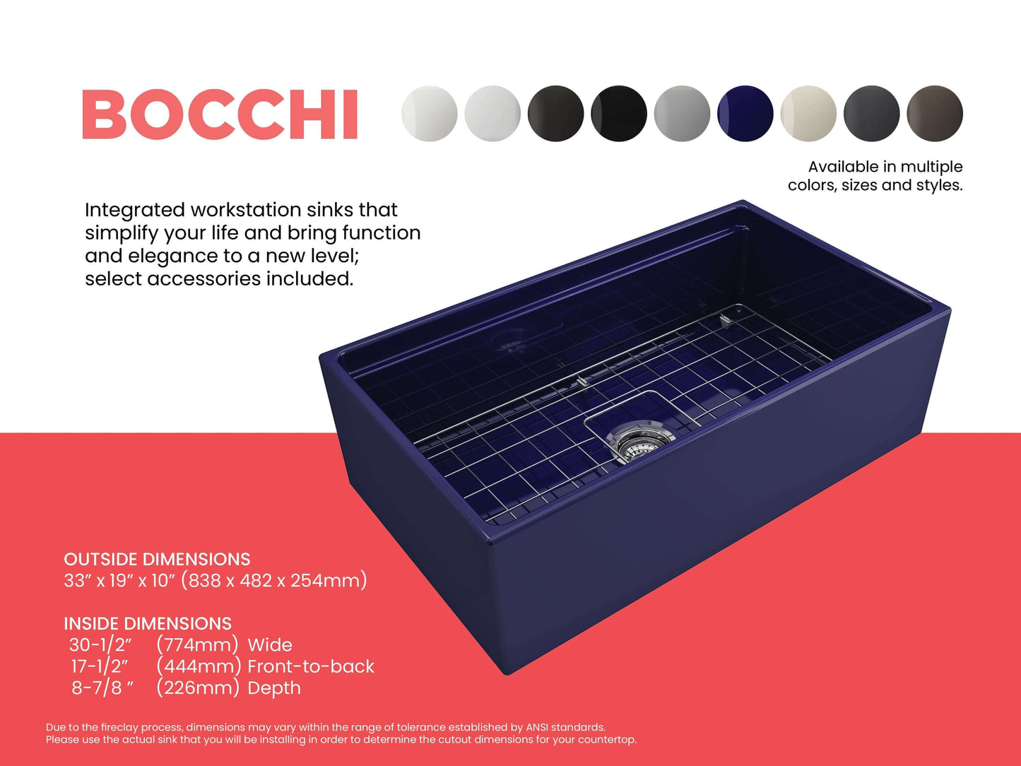 Feature sheet for BOCCHI Contempo 33 inch sink in sapphire blue detailing inside and outside dimensions and available colors.