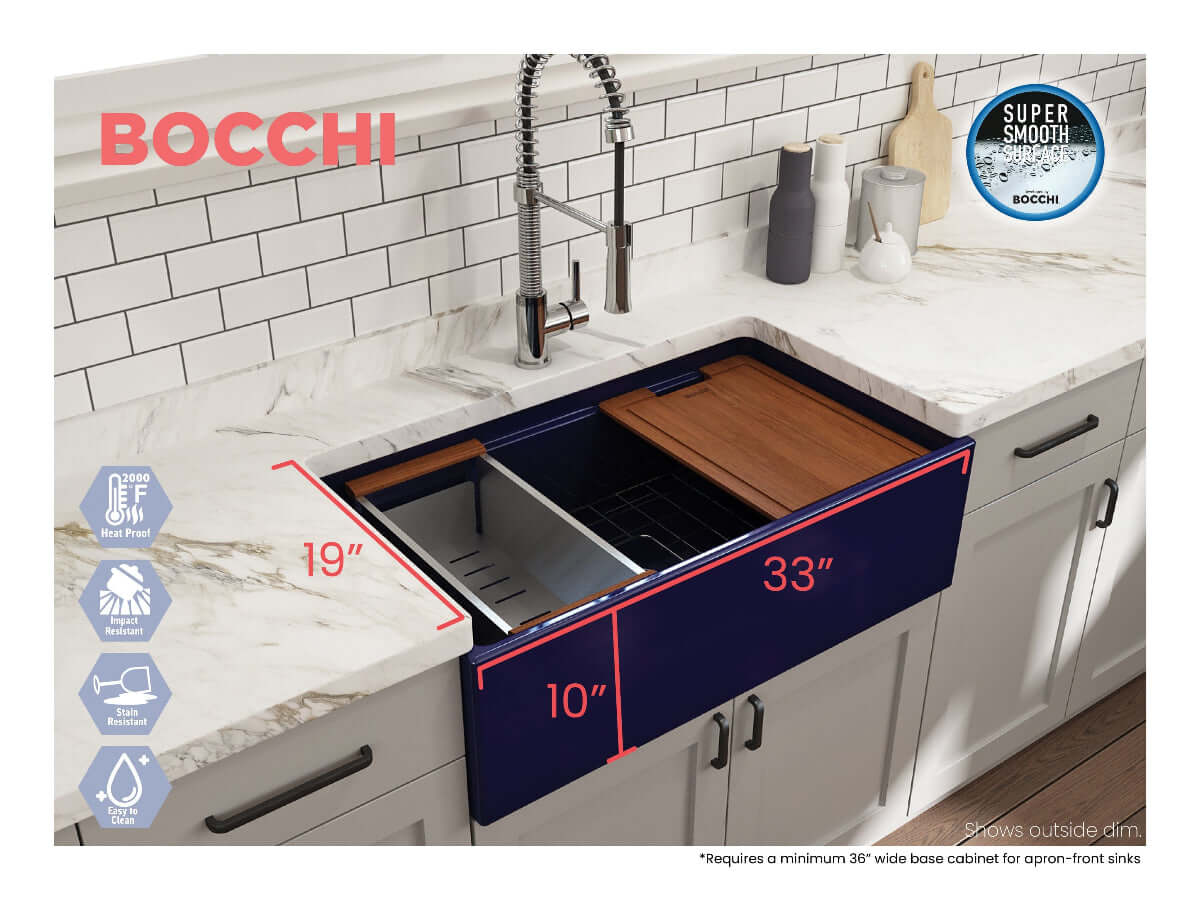 Lifestyle image with outer dimensions of sapphire blue BOCCHI CONTEMPO 33" Fireclay Farmhouse sink with workstation ledge.