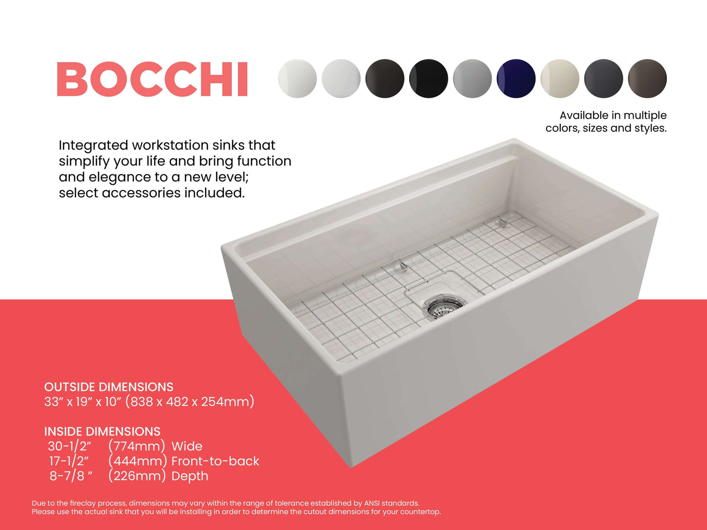 Feature sheet for BOCCHI Contempo 33 inch sink in Biscuit detailing inside and outside dimensions and available colors.
