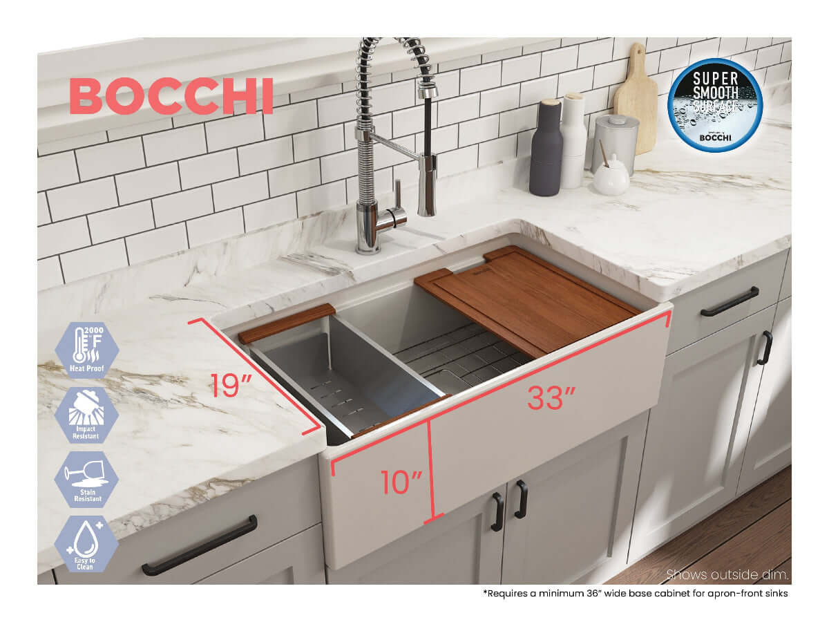 Front view of BOCCHI Contempo 33" biscuit fireclay sink with workstation ledge and accessories