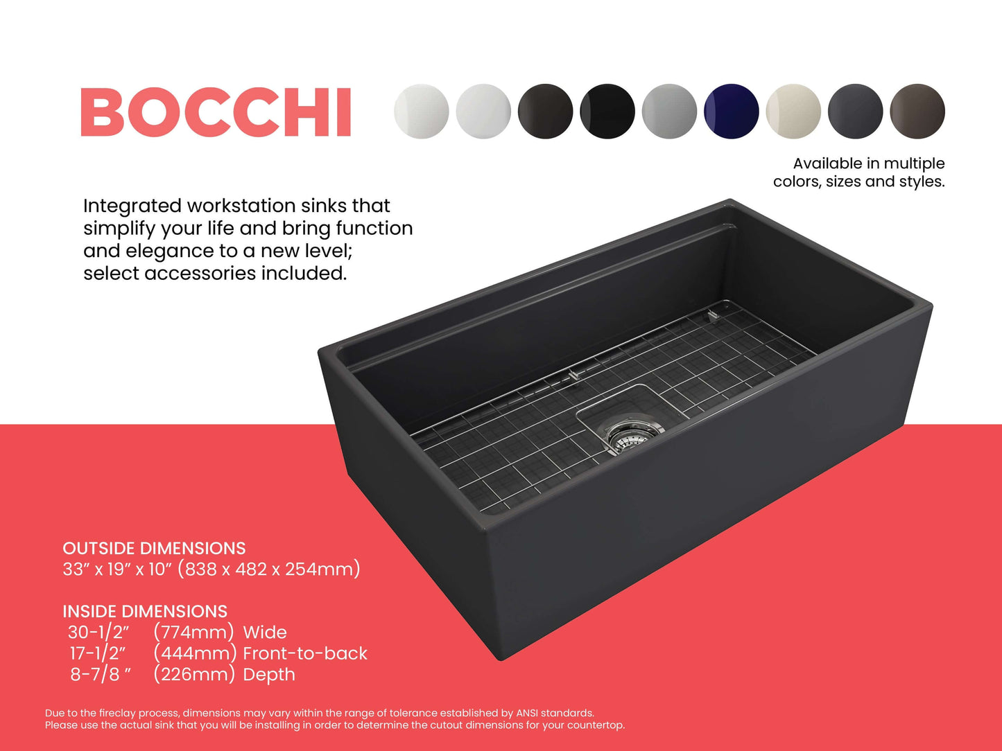 Feature sheet for BOCCHI Contempo 33 inch sink in matte dark gray detailing inside and outside dimensions and available colors.