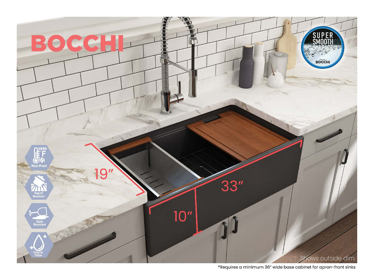 Lifestyle image with outer dimensions of matte dark gray BOCCHI CONTEMPO 33" Fireclay Farmhouse sink with workstation ledge.