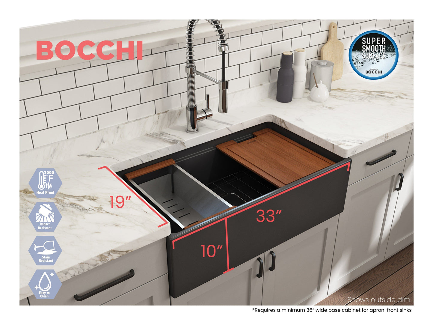 BOCCHI CONTEMPO 33" Step Rim With Integrated Work Station Fireclay Farmhouse Single Bowl Kitchen Sink with Accessories - Matte Dark Gray