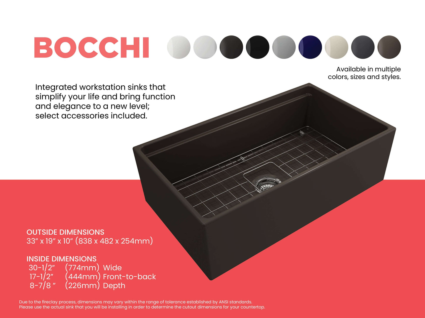 Feature sheet for BOCCHI Contempo 33 inch sink in Matte Brown detailing inside and outside dimensions and available colors.