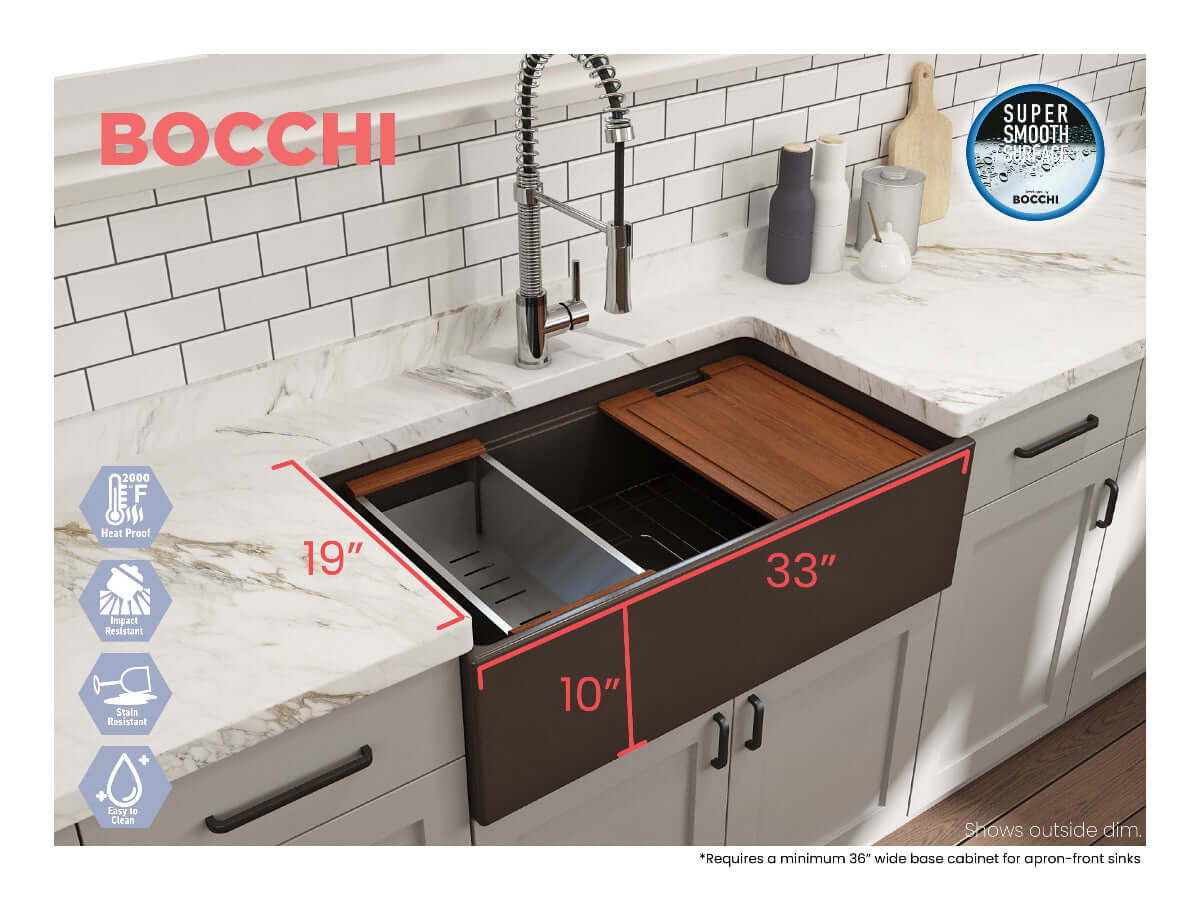 Lifestyle image with outer dimensions of Matte Brown BOCCHI CONTEMPO 33" Fireclay Farmhouse sink with workstation ledge.