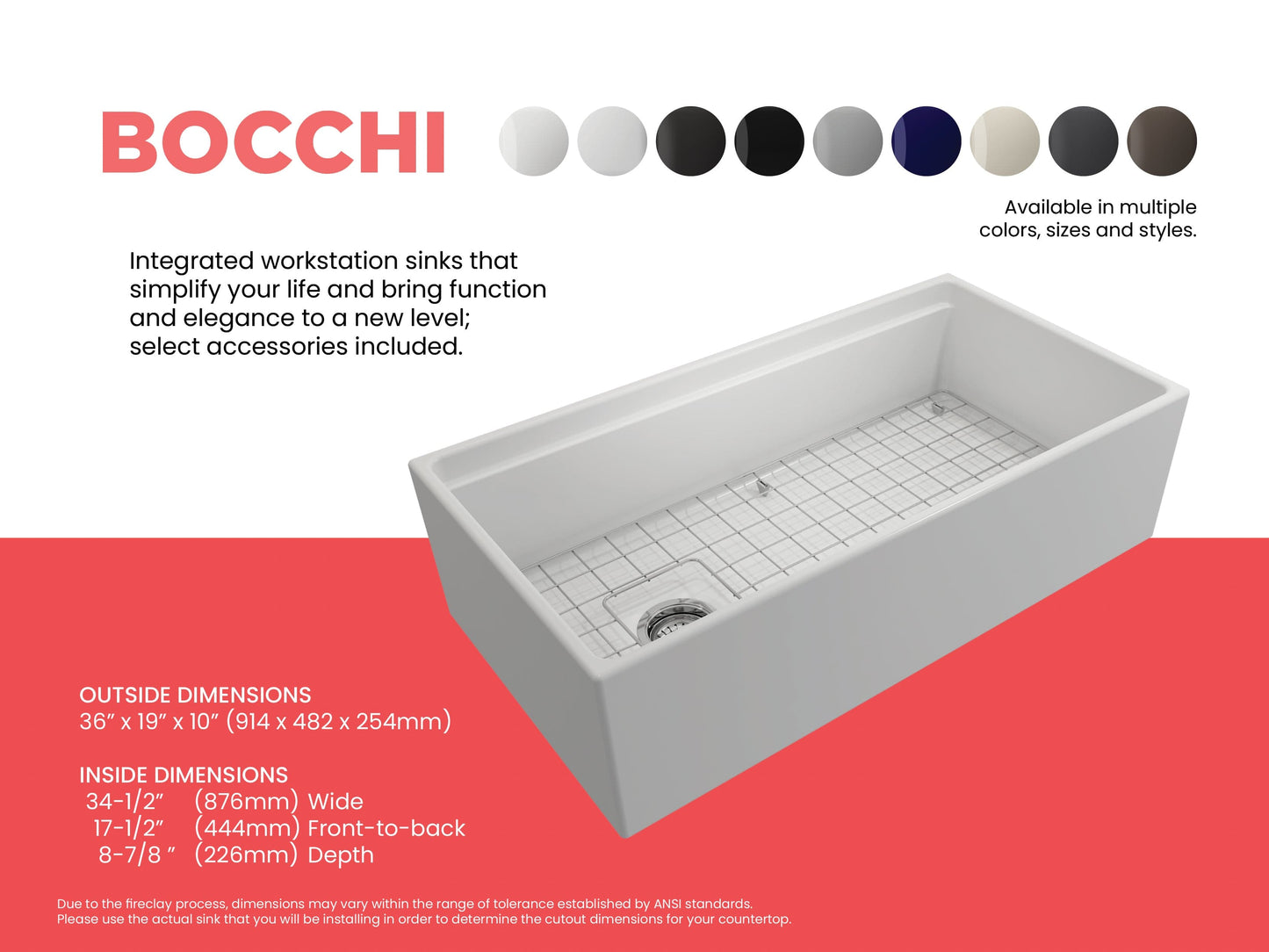 BOCCHI CONTEMPO 36" Step Rim With Integrated Work Station Fireclay Farmhouse Single Bowl Kitchen Sink with Accessories - Matte White