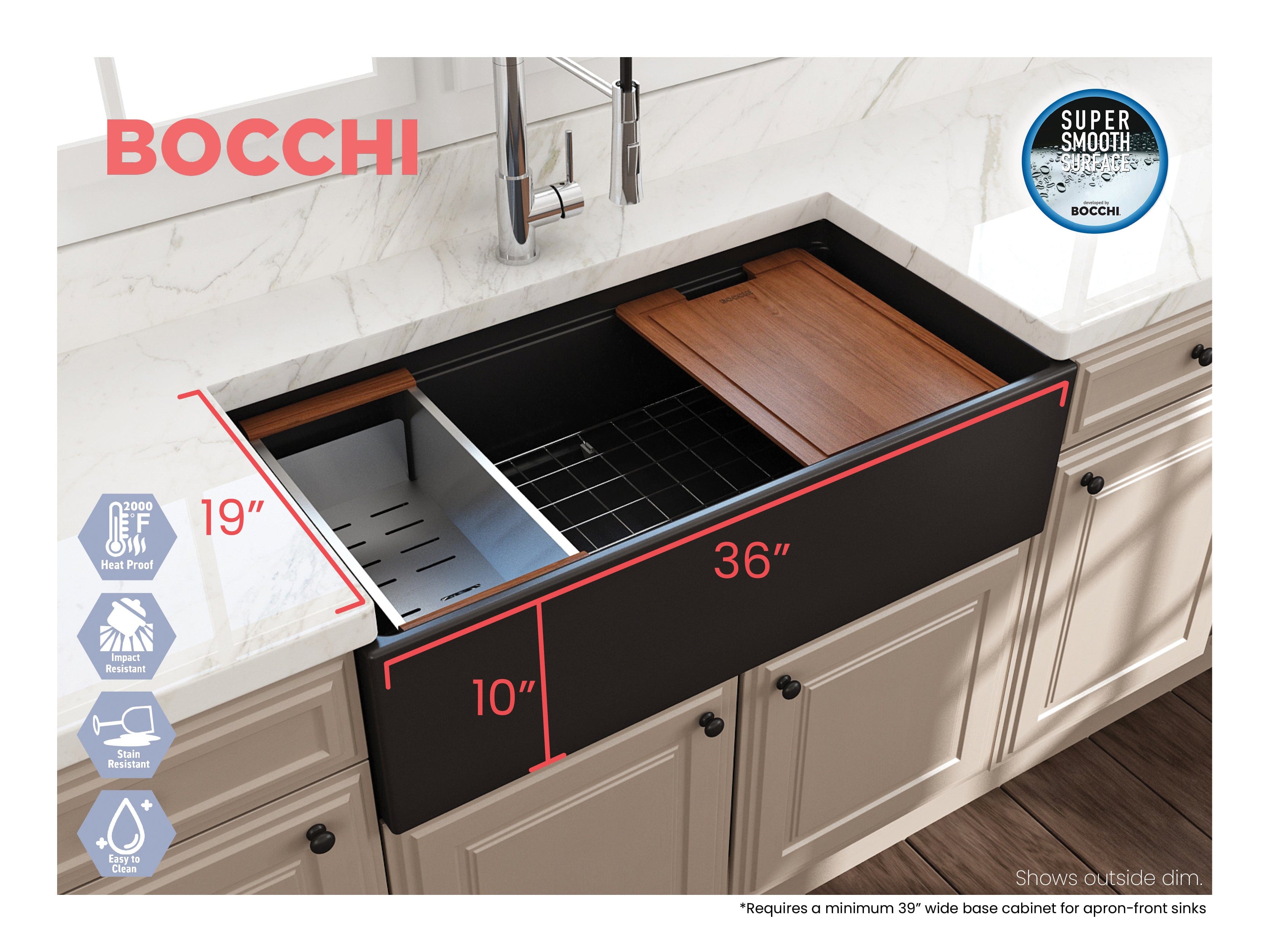 BOCCHI CONTEMPO 36" Step Rim With Integrated Work Station Fireclay Farmhouse Single Bowl Kitchen Sink with Accessories