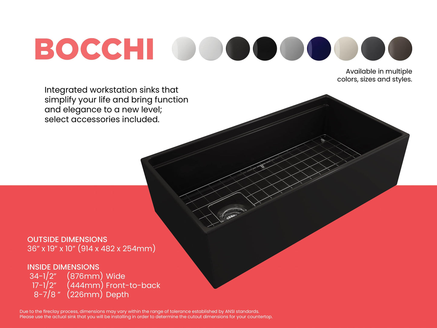 BOCCHI CONTEMPO 36" Step Rim With Integrated Work Station Fireclay Farmhouse Single Bowl Kitchen Sink with Accessories - Matte Black
