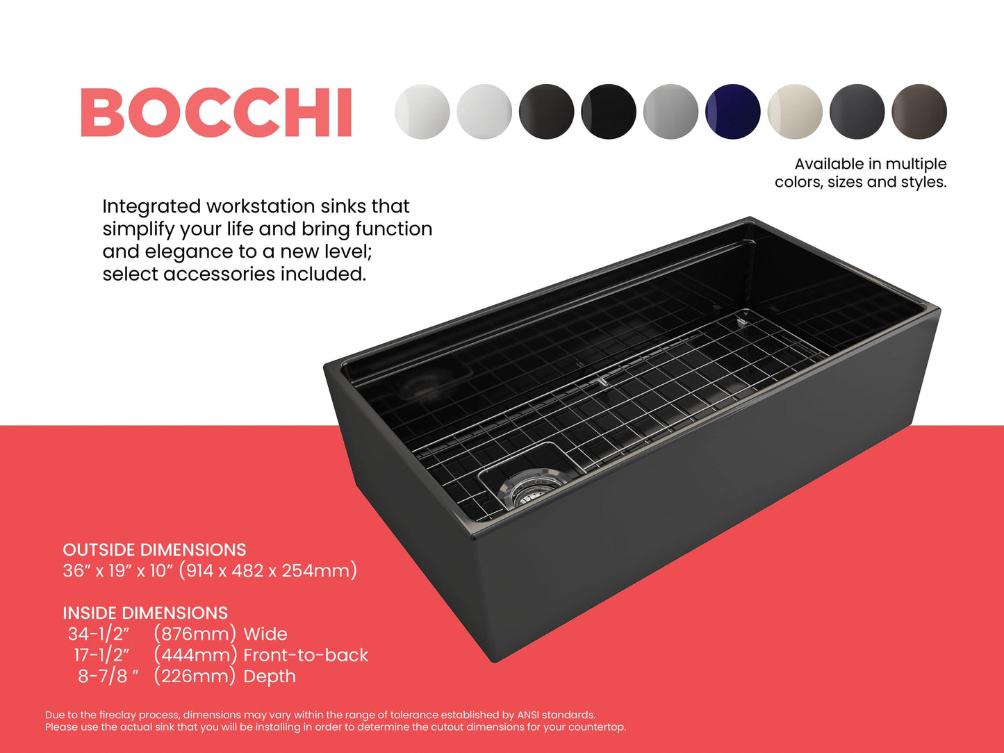 BOCCHI CONTEMPO 36" Step Rim With Integrated Work Station Fireclay Farmhouse Single Bowl Kitchen Sink with Accessories - Black