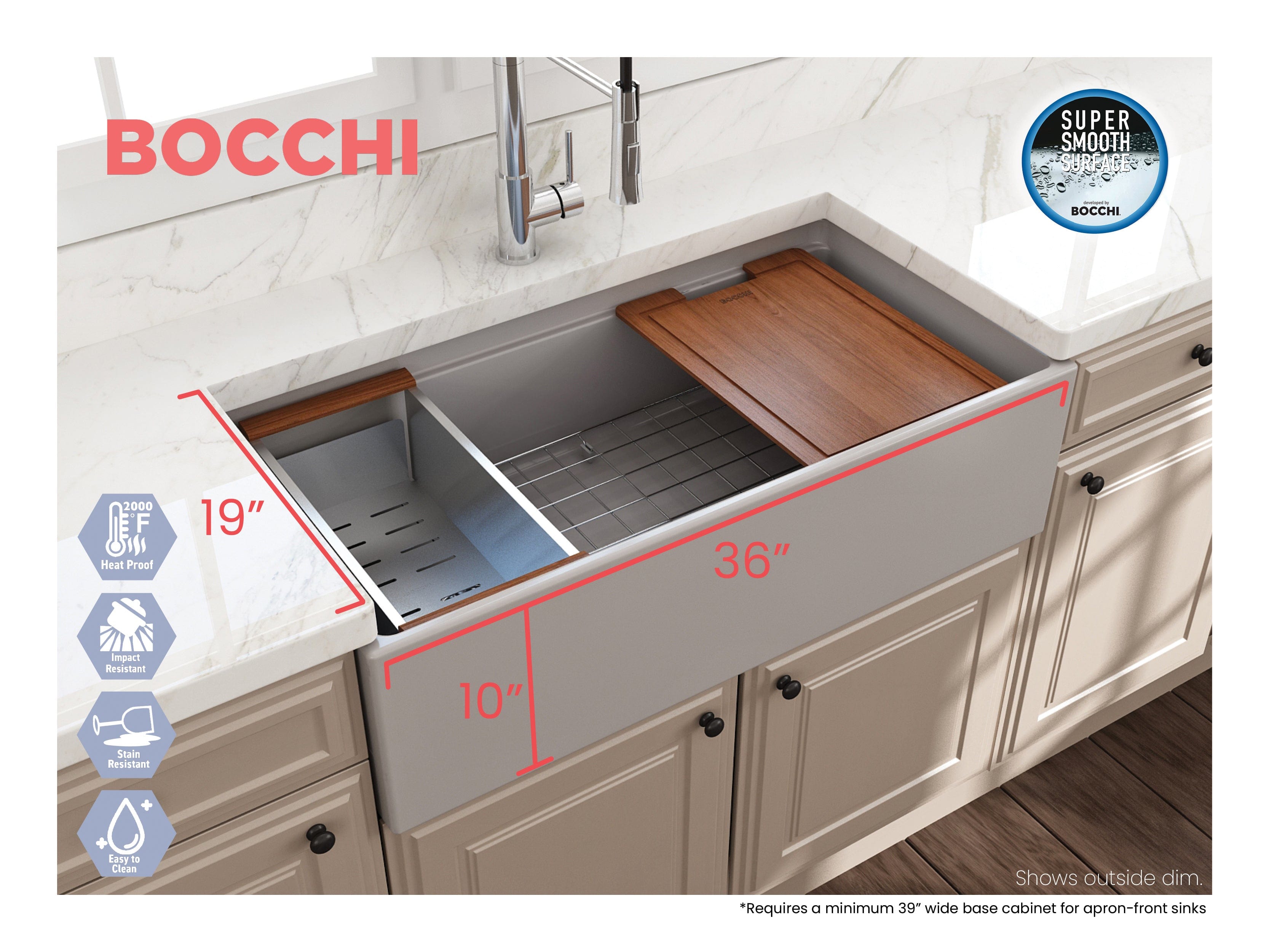 BOCCHI CONTEMPO 36" Step Rim With Integrated Work Station Fireclay Farmhouse Single Bowl Kitchen Sink with Accessories - Matte Gray