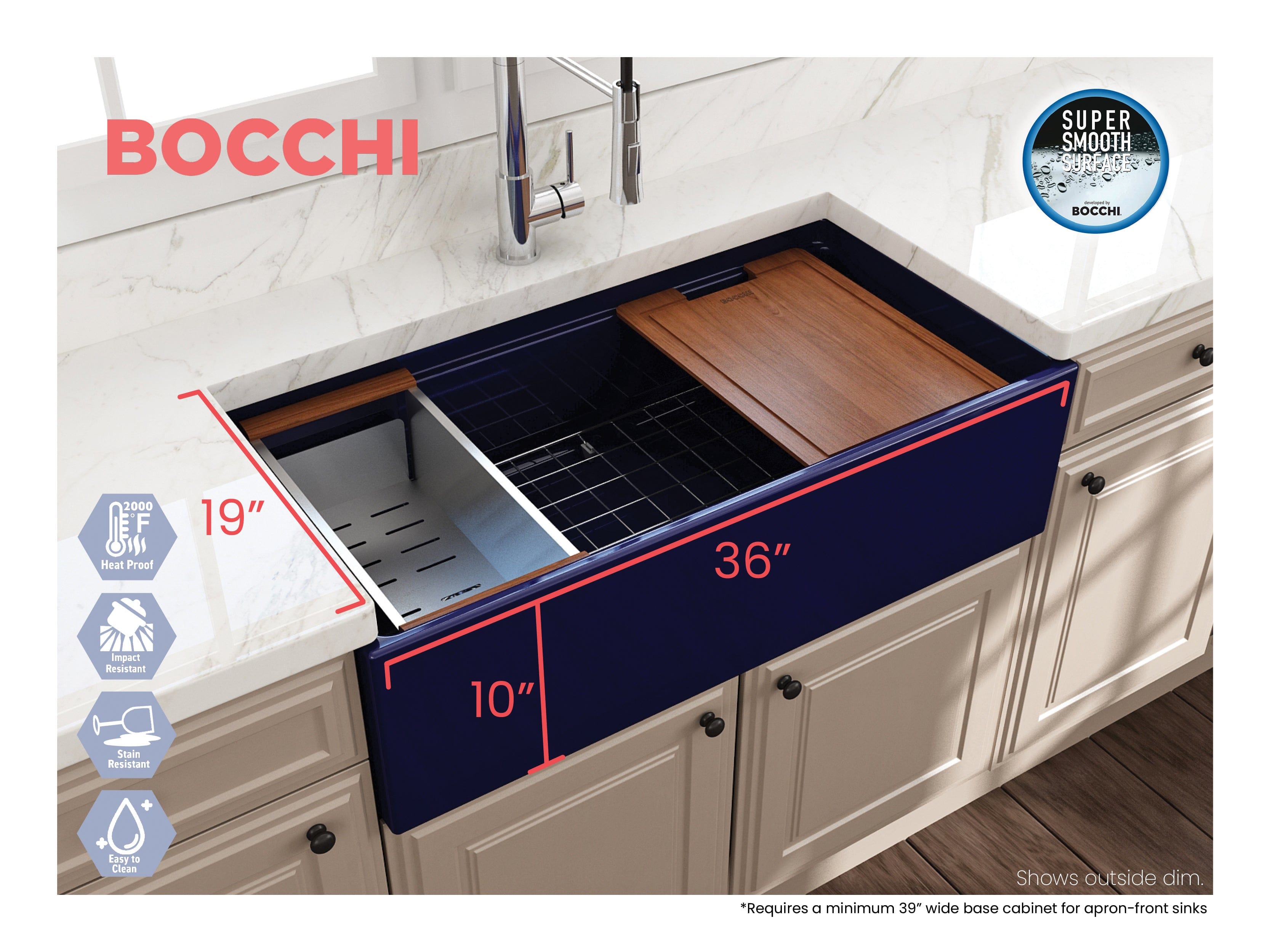 BOCCHI CONTEMPO 36" Step Rim With Integrated Work Station Fireclay Farmhouse Single Bowl Kitchen Sink with Accessories - Sapphire Blue
