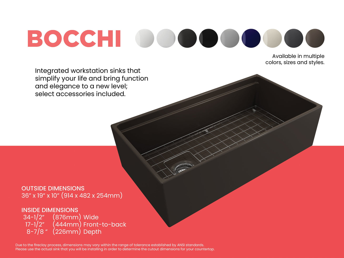 BOCCHI CONTEMPO 36" Step Rim With Integrated Work Station Fireclay Farmhouse Single Bowl Kitchen Sink with Accessories - Matte Brown