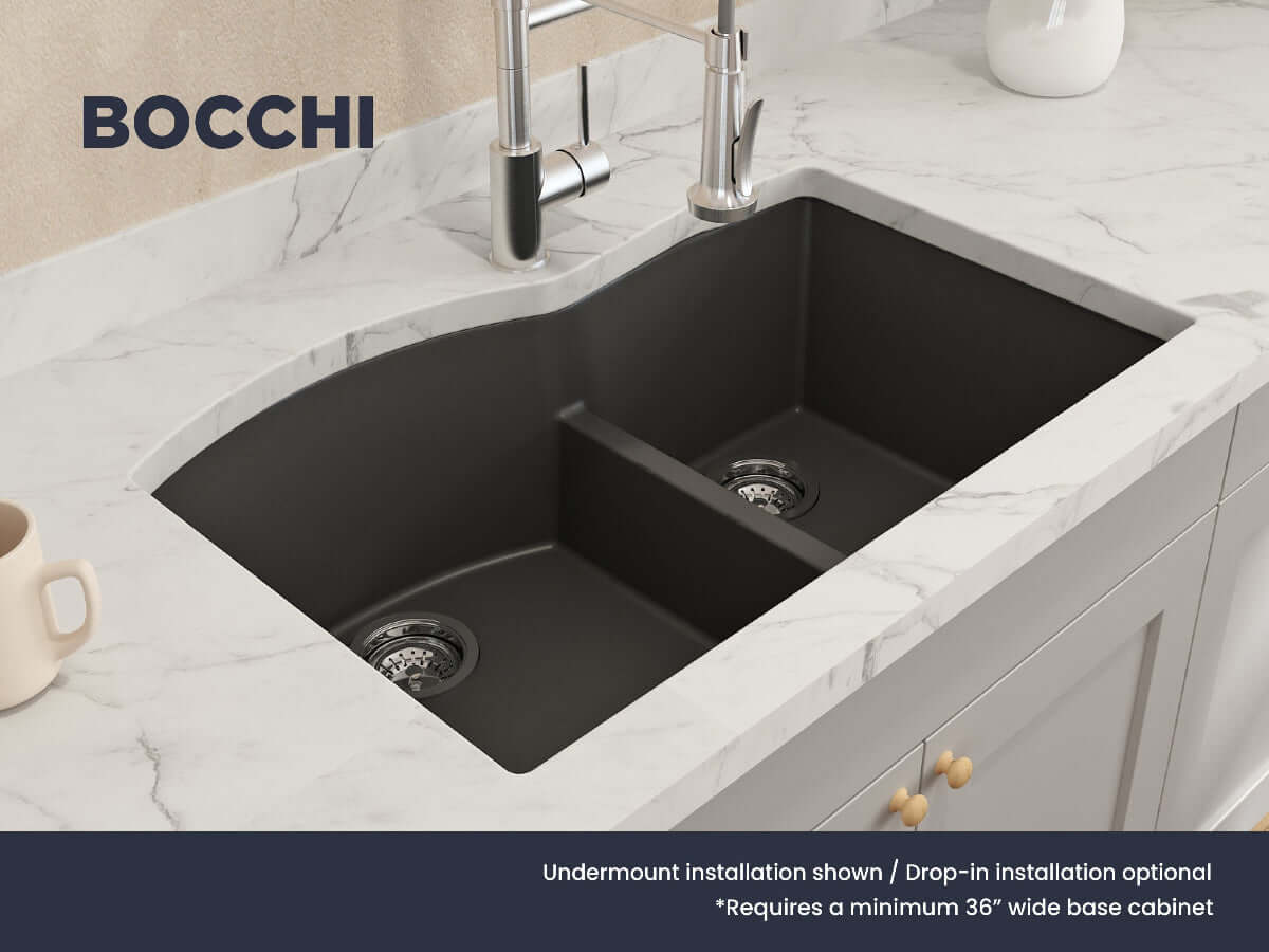 BOCCHI CAMPINO DUO 33" Dual Mount 60/40 Double Bowl Granite Kitchen Sink with Strainers in matte black under mount view.